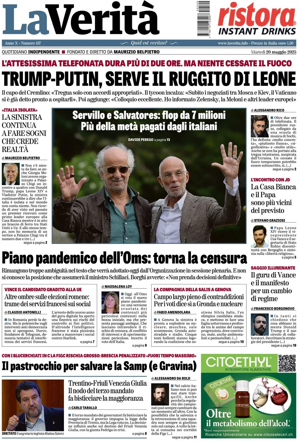 anteprima della prima pagina di la-verit del 20/05/2025