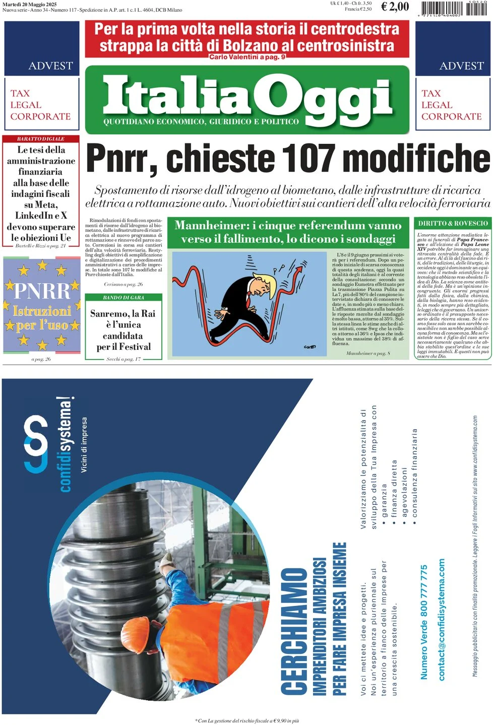anteprima della prima pagina di italiaoggi del 20/05/2025
