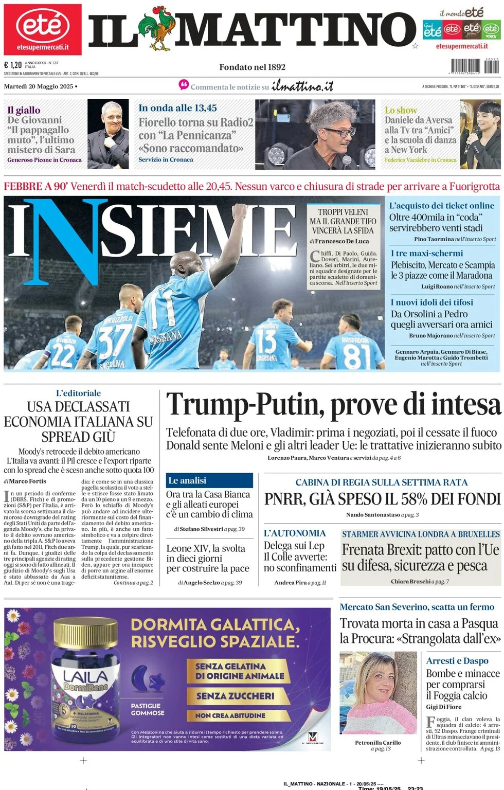 anteprima della prima pagina di il-mattino del 20/05/2025