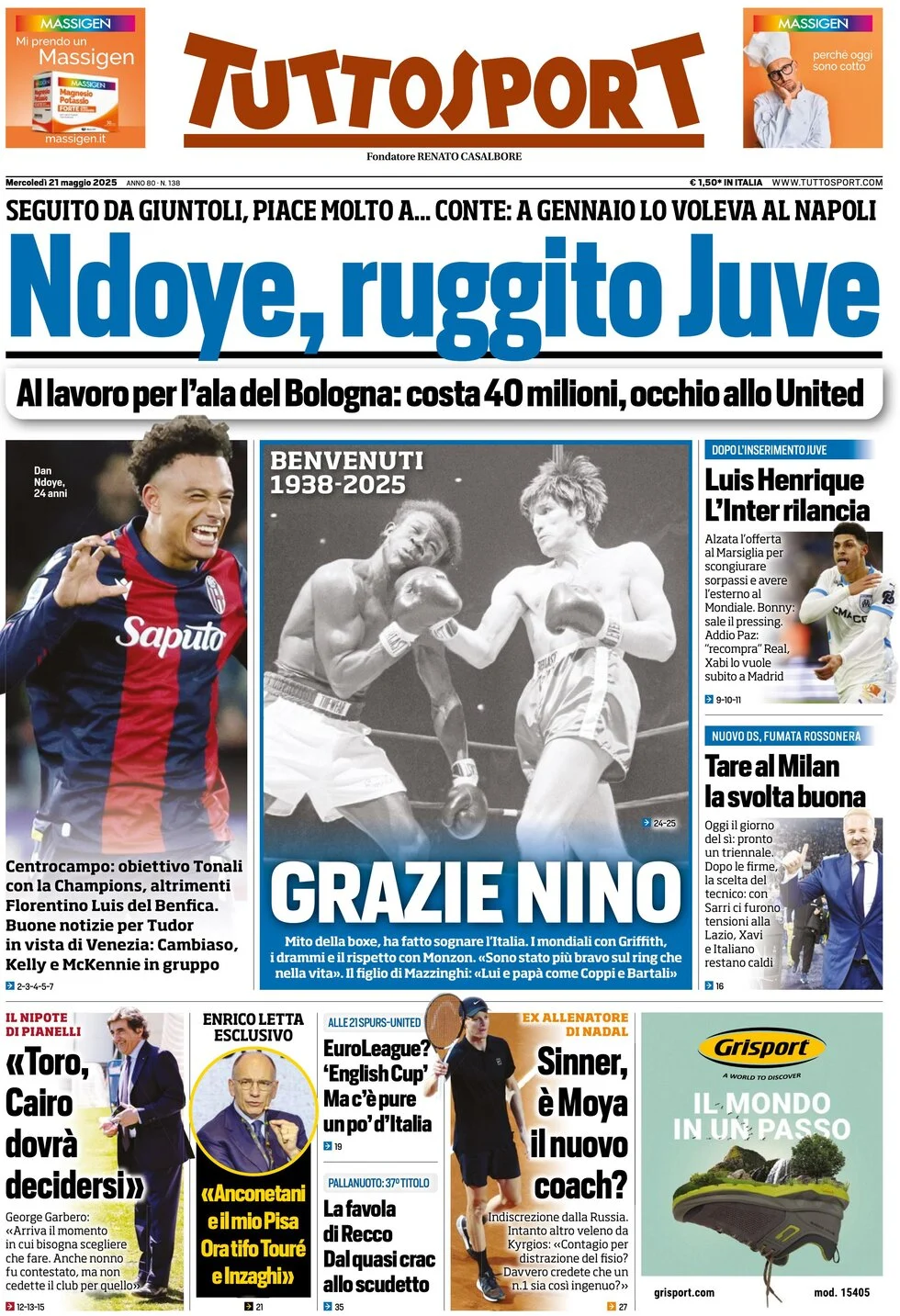 anteprima della prima pagina di tuttosport del 21/05/2025
