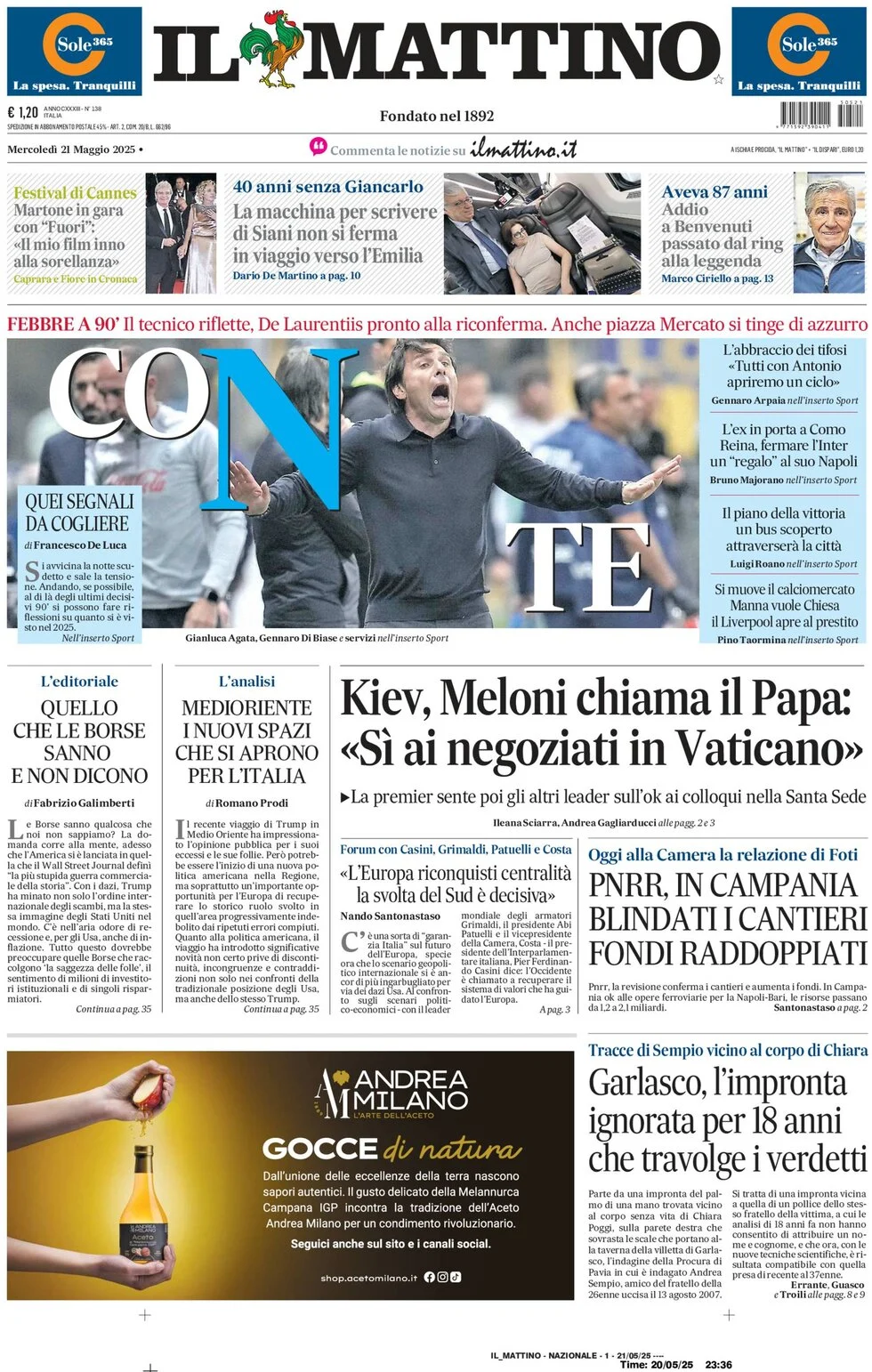 anteprima della prima pagina di il-mattino del 21/05/2025
