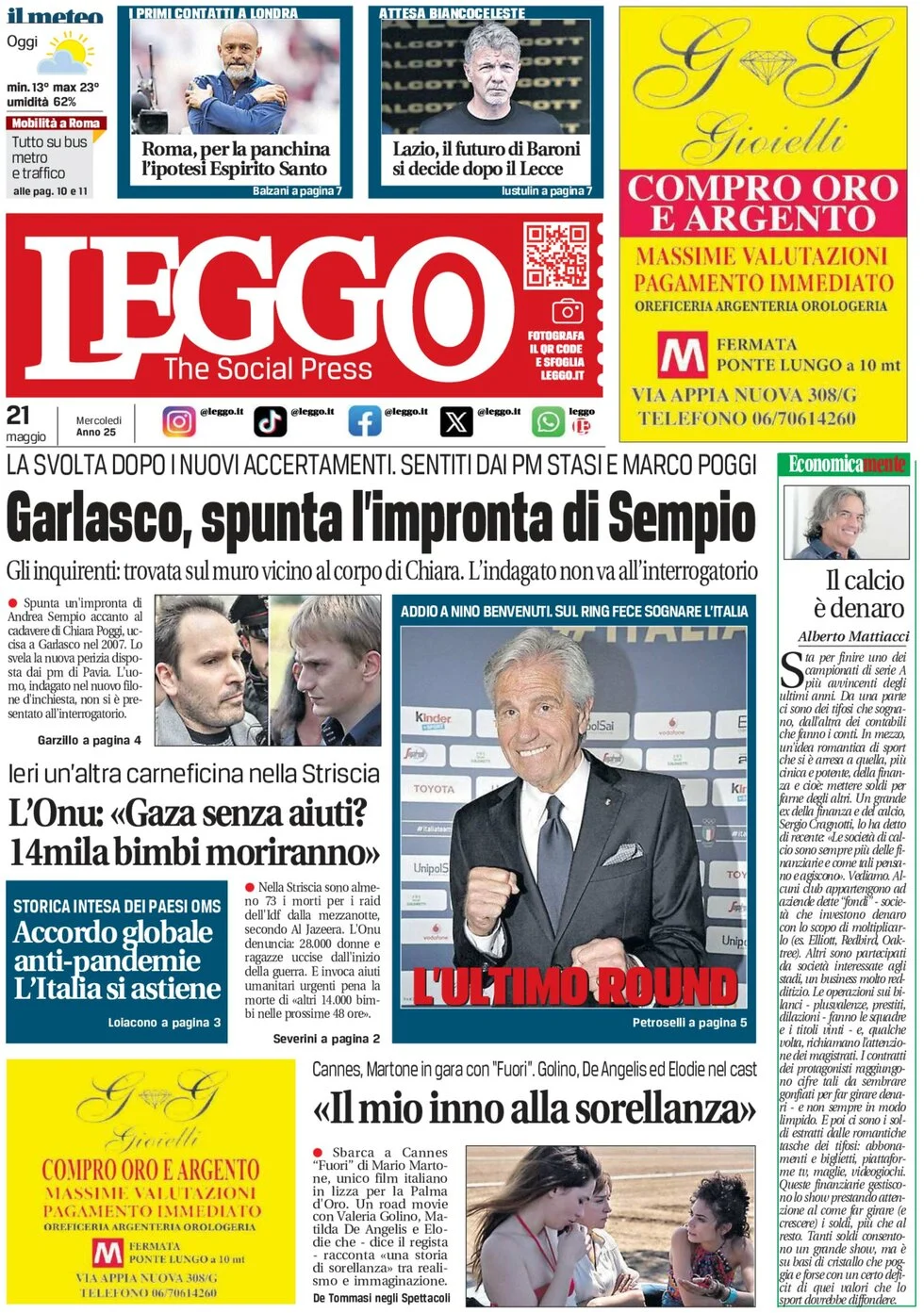 anteprima della prima pagina di leggo-roma del 21/05/2025