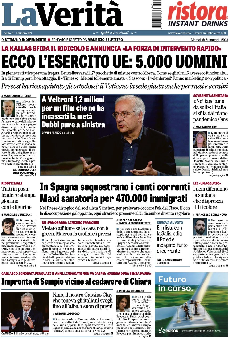 anteprima della prima pagina di la-verit del 21/05/2025