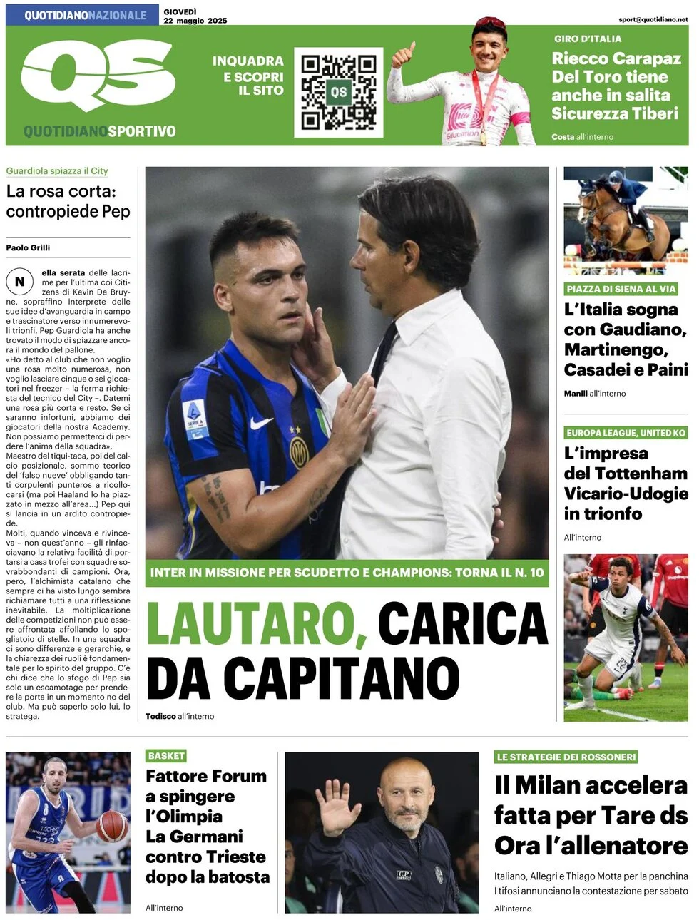 anteprima della prima pagina di qs-quotidiano-sportivo del 22/05/2025