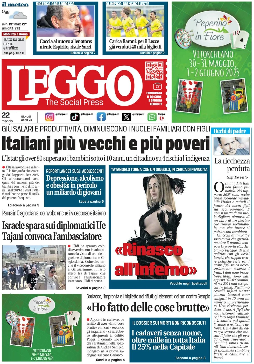 anteprima della prima pagina di leggo-roma del 22/05/2025