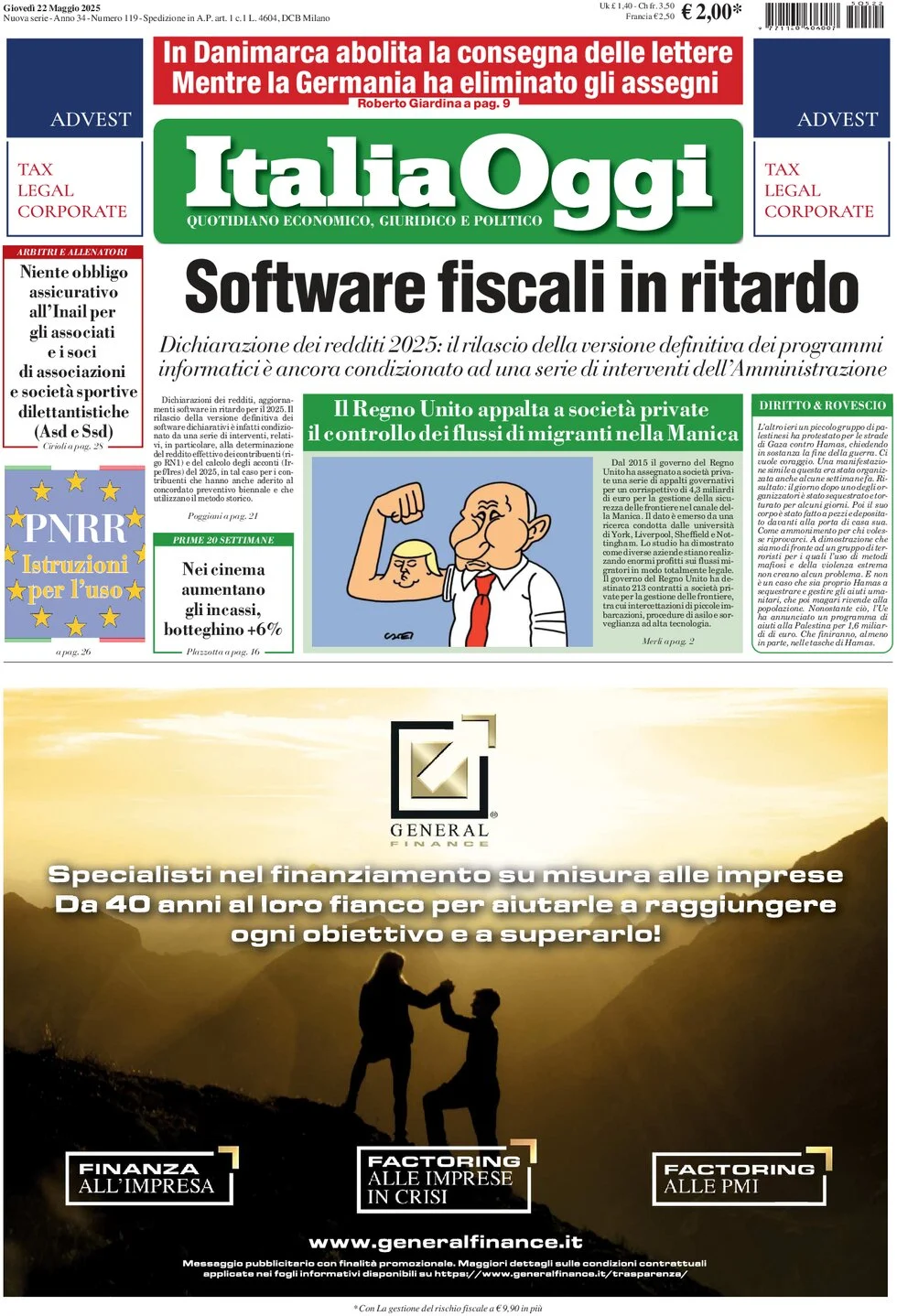 anteprima della prima pagina di italiaoggi del 22/05/2025