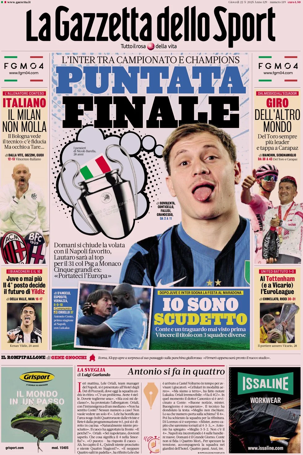 anteprima della prima pagina di la-gazzetta-dello-sport del 22/05/2025