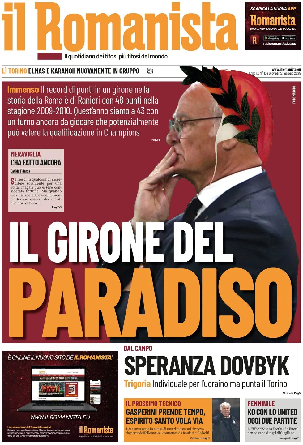 anteprima della prima pagina di il-romanista del 22/05/2025