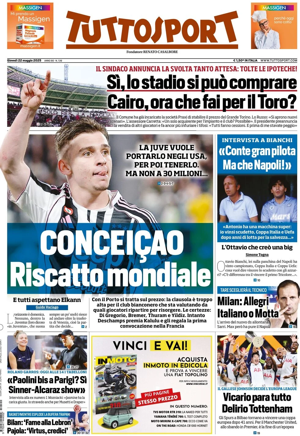 anteprima della prima pagina di tuttosport del 22/05/2025