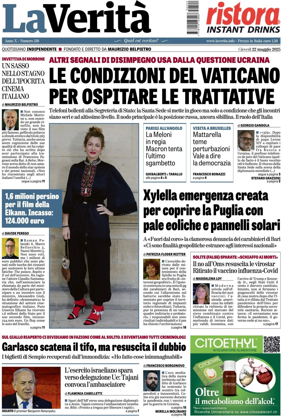 anteprima della prima pagina di la-verit del 22/05/2025