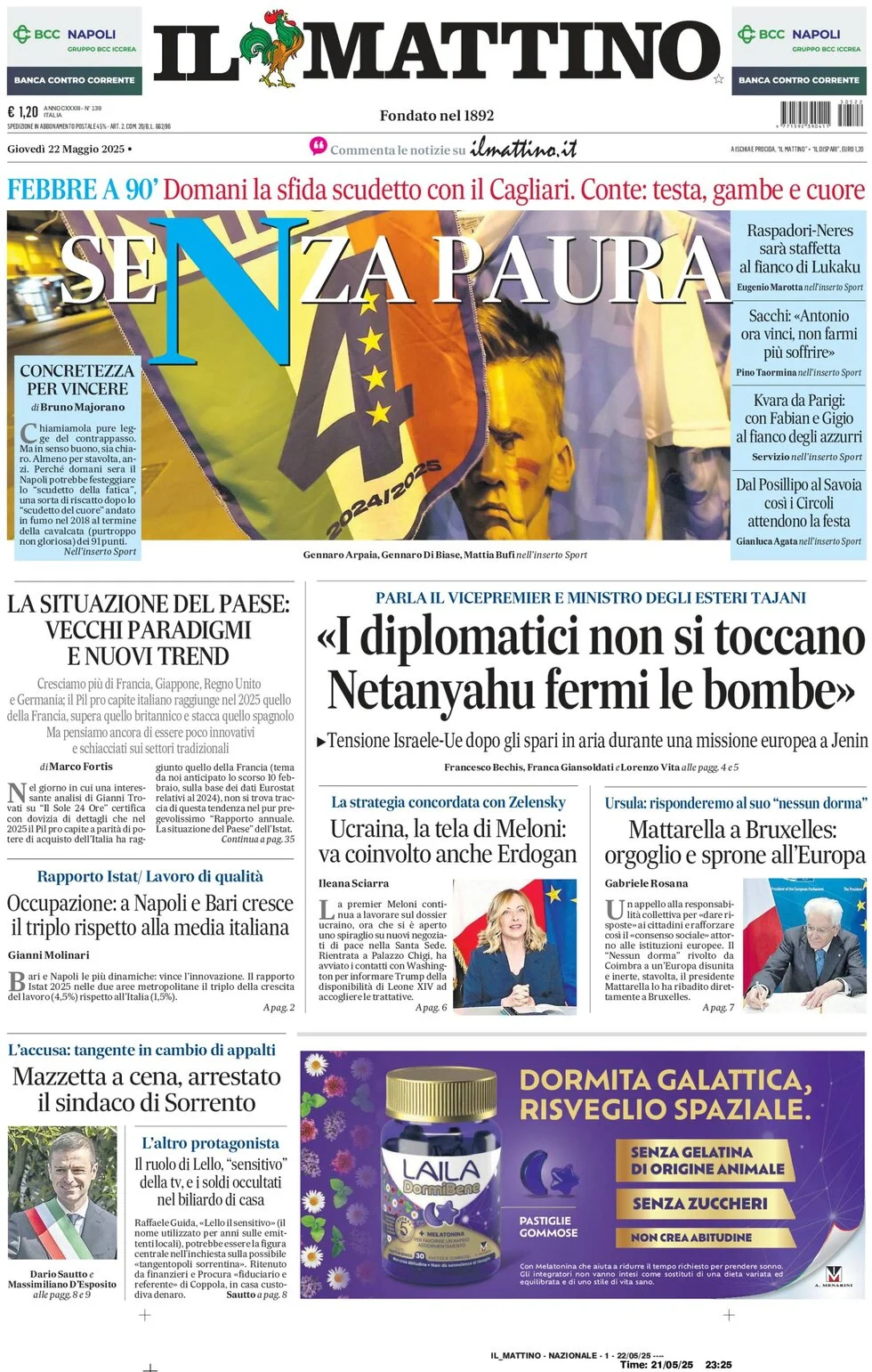anteprima della prima pagina di il-mattino del 22/05/2025