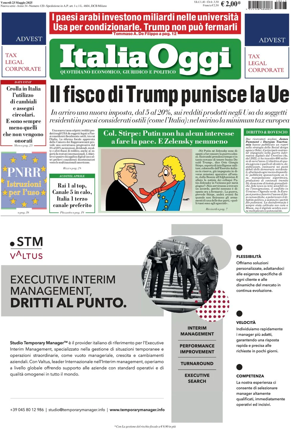 anteprima della prima pagina di ItaliaOggi