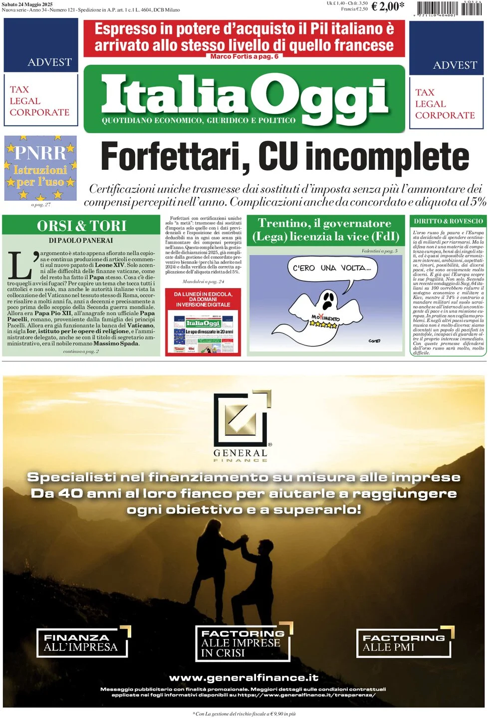 anteprima della prima pagina di italiaoggi del 24/05/2025