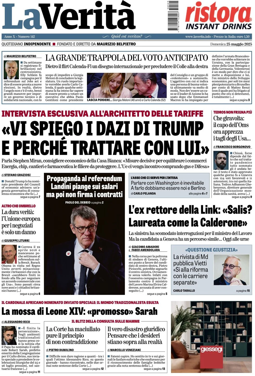anteprima della prima pagina di la-verit del 25/05/2025