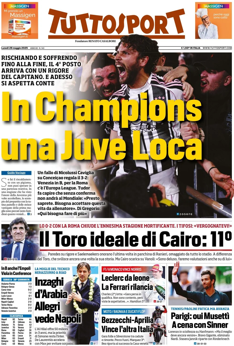 anteprima della prima pagina di tuttosport del 26/05/2025