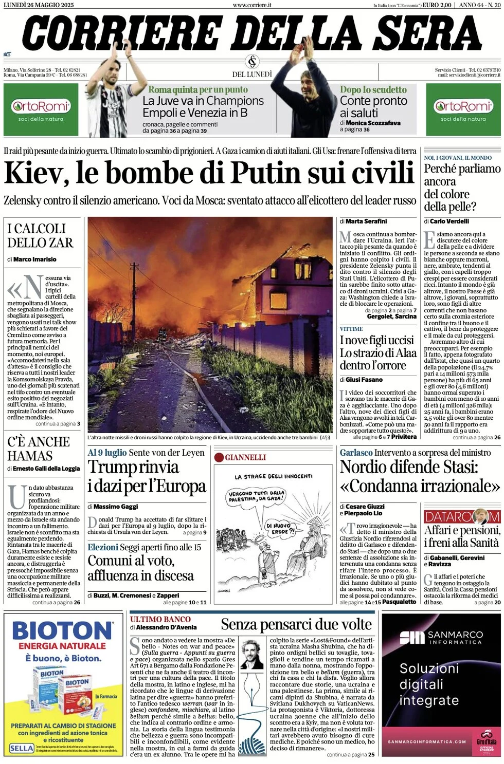 anteprima della prima pagina di corriere-della-sera del 26/05/2025