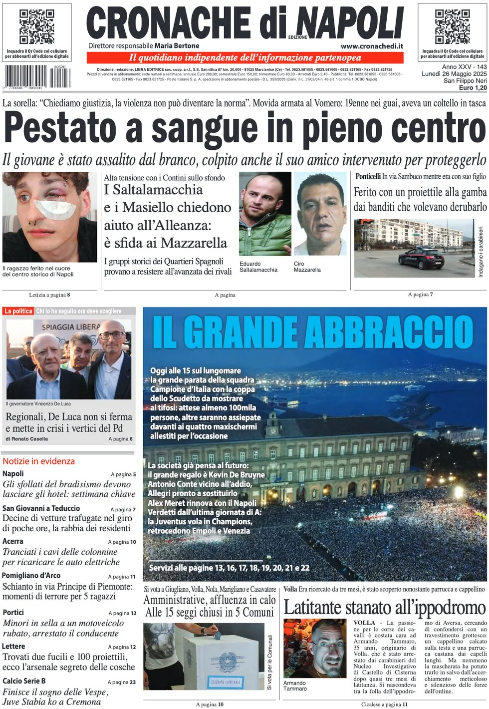 anteprima della prima pagina di cronache-di-napoli del 26/05/2025