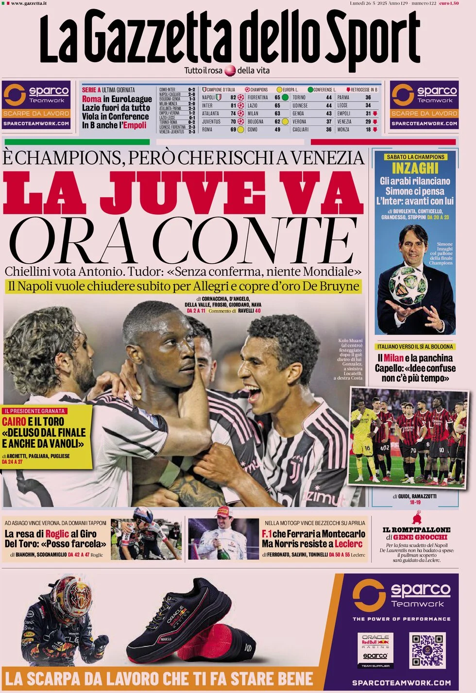 anteprima della prima pagina di la-gazzetta-dello-sport del 26/05/2025