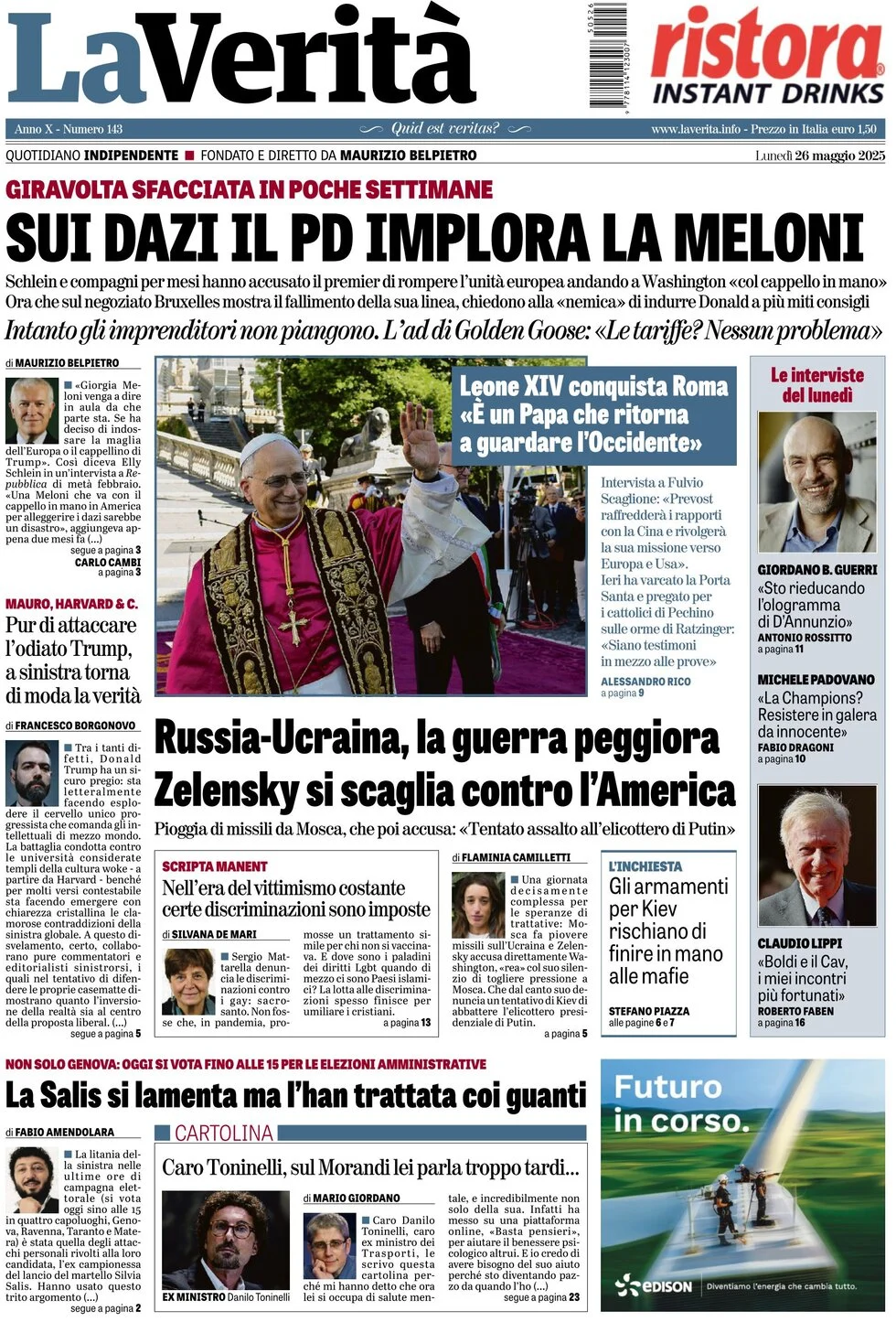 anteprima della prima pagina di la-verit del 26/05/2025