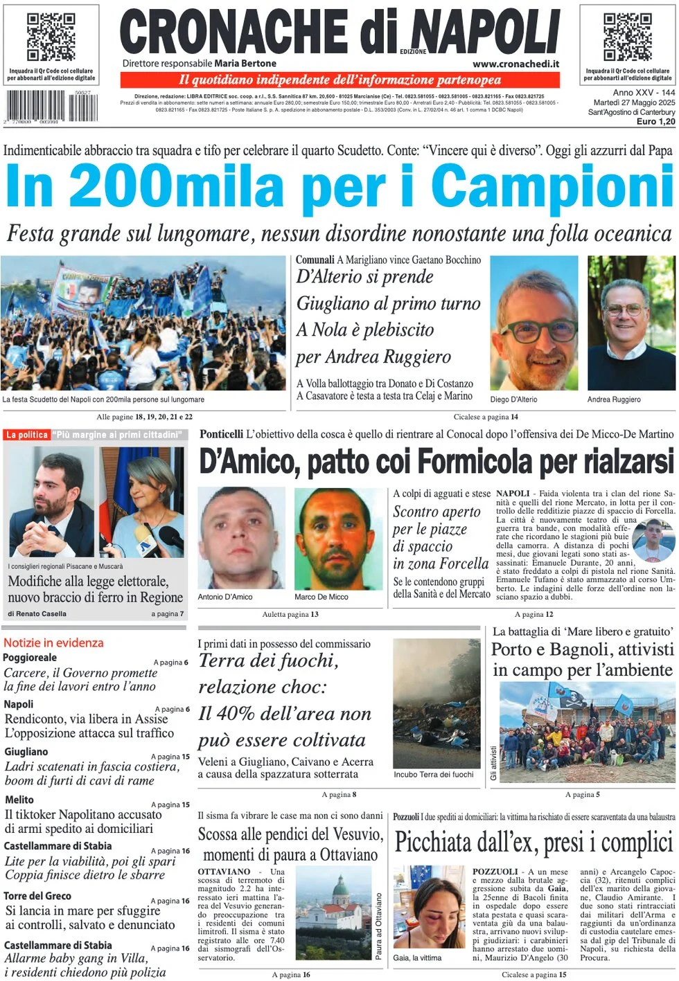 anteprima della prima pagina di cronache-di-napoli del 27/05/2025