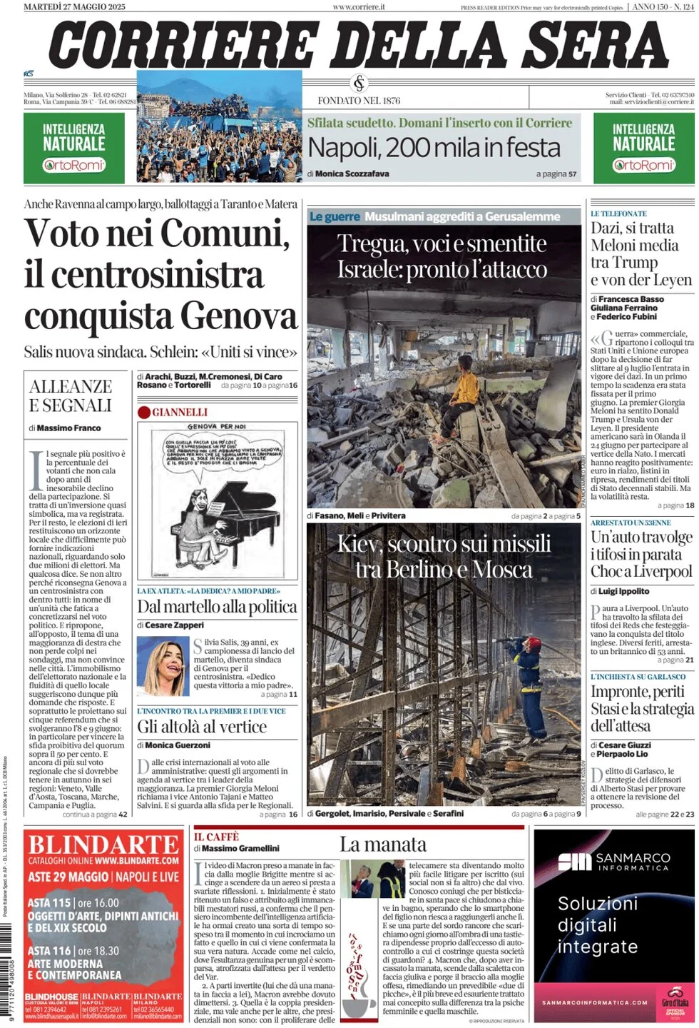 anteprima della prima pagina di corriere-della-sera del 27/05/2025