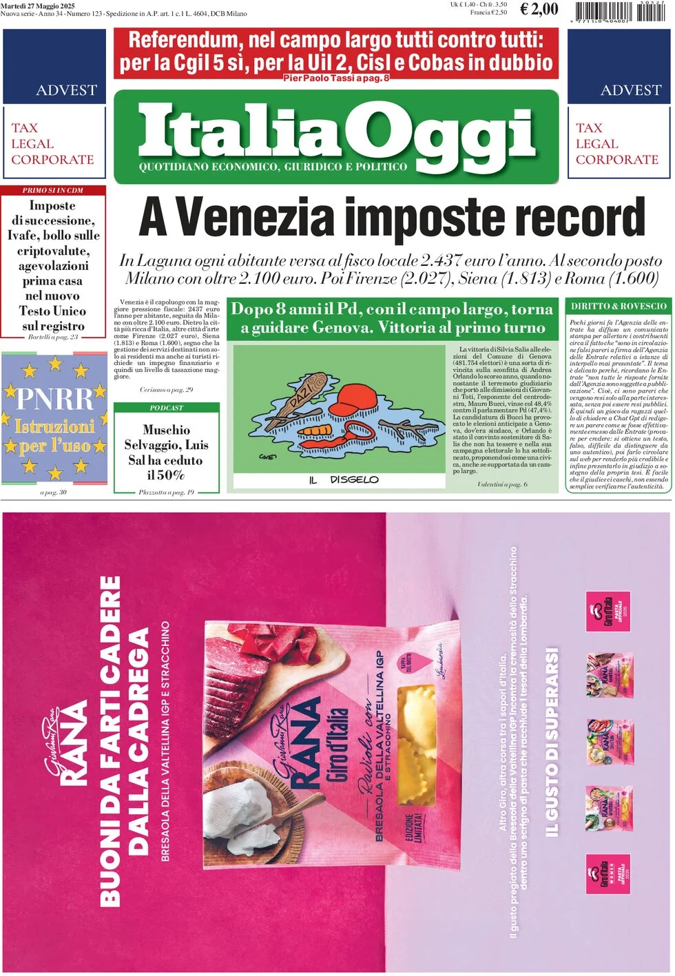 anteprima della prima pagina di italiaoggi del 27/05/2025
