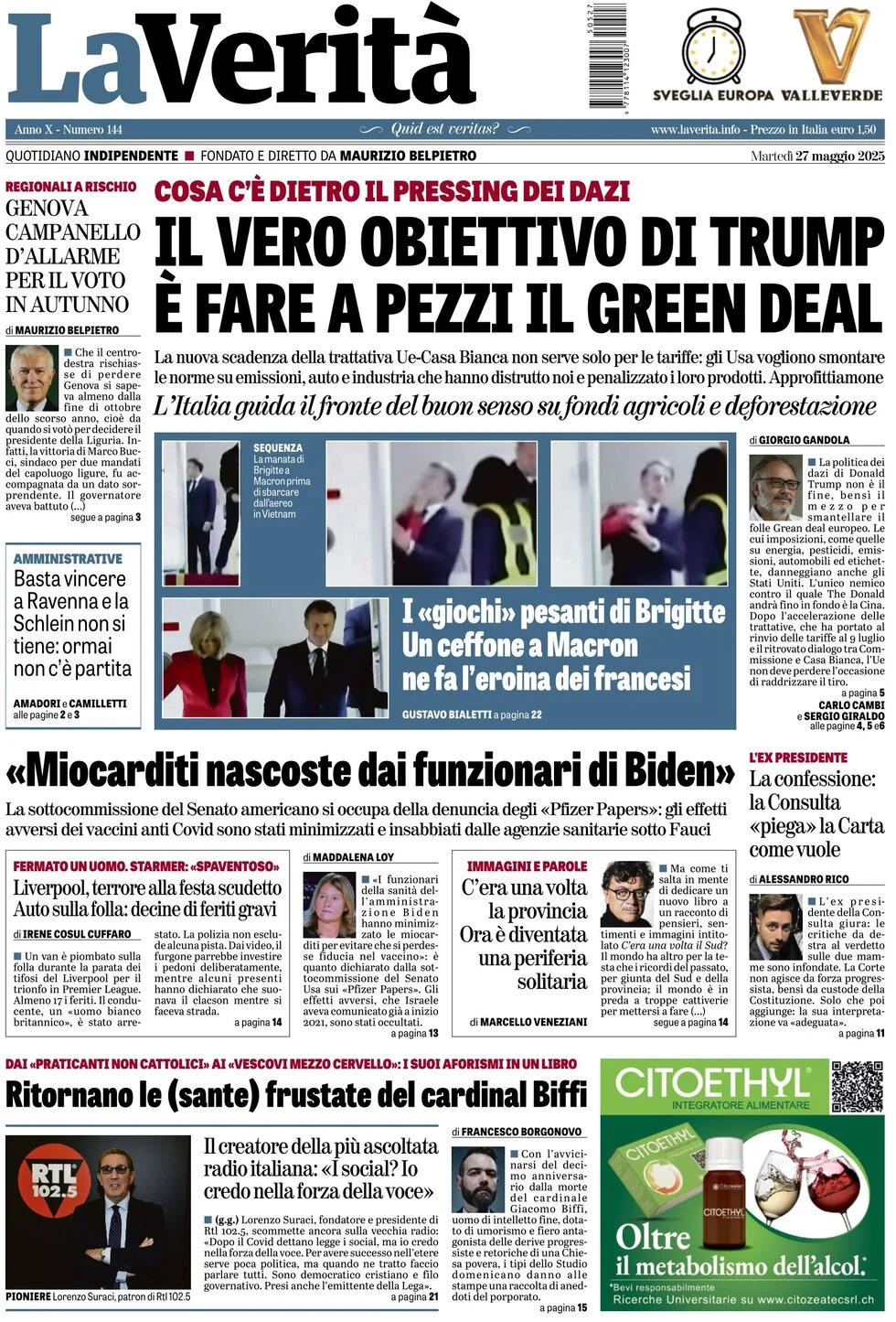 anteprima della prima pagina di la-verit del 27/05/2025