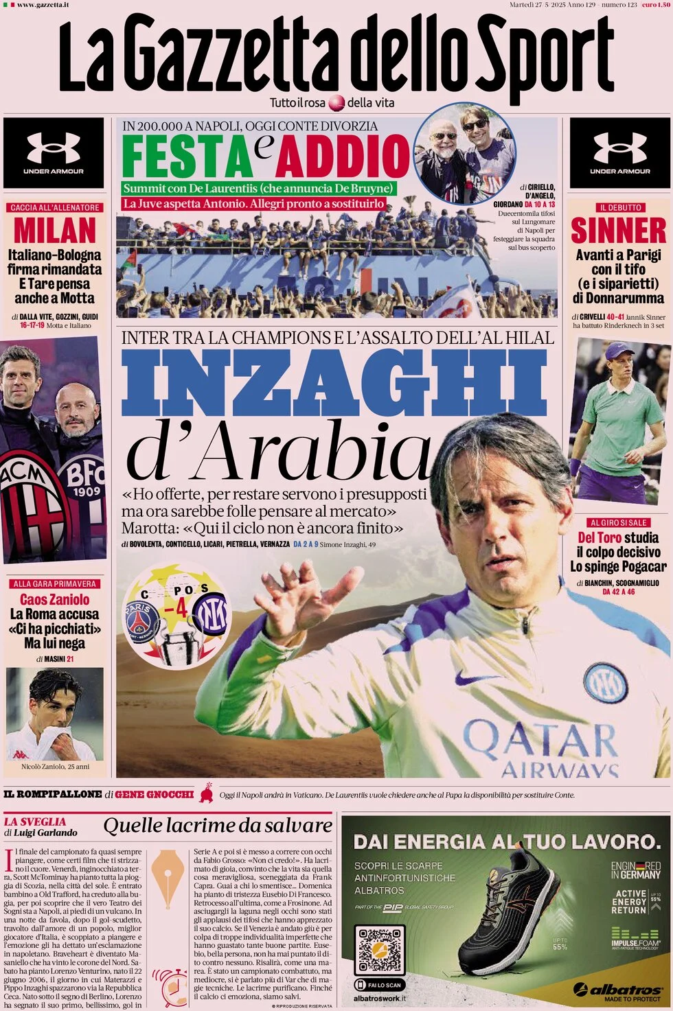 anteprima della prima pagina di la-gazzetta-dello-sport del 27/05/2025