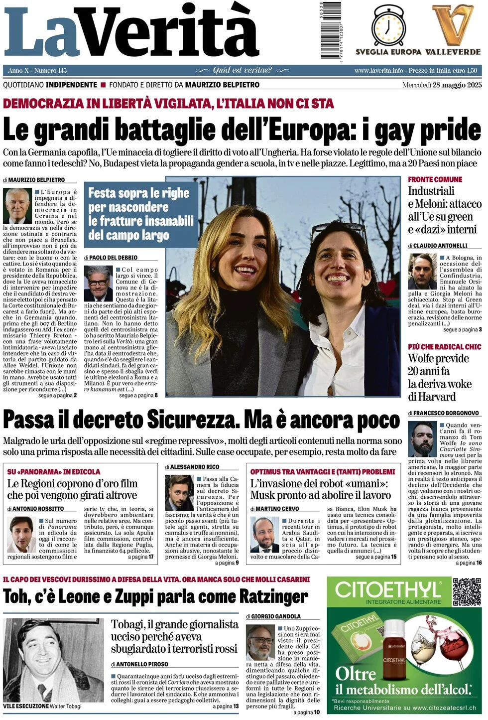 anteprima della prima pagina di la-verit del 28/05/2025