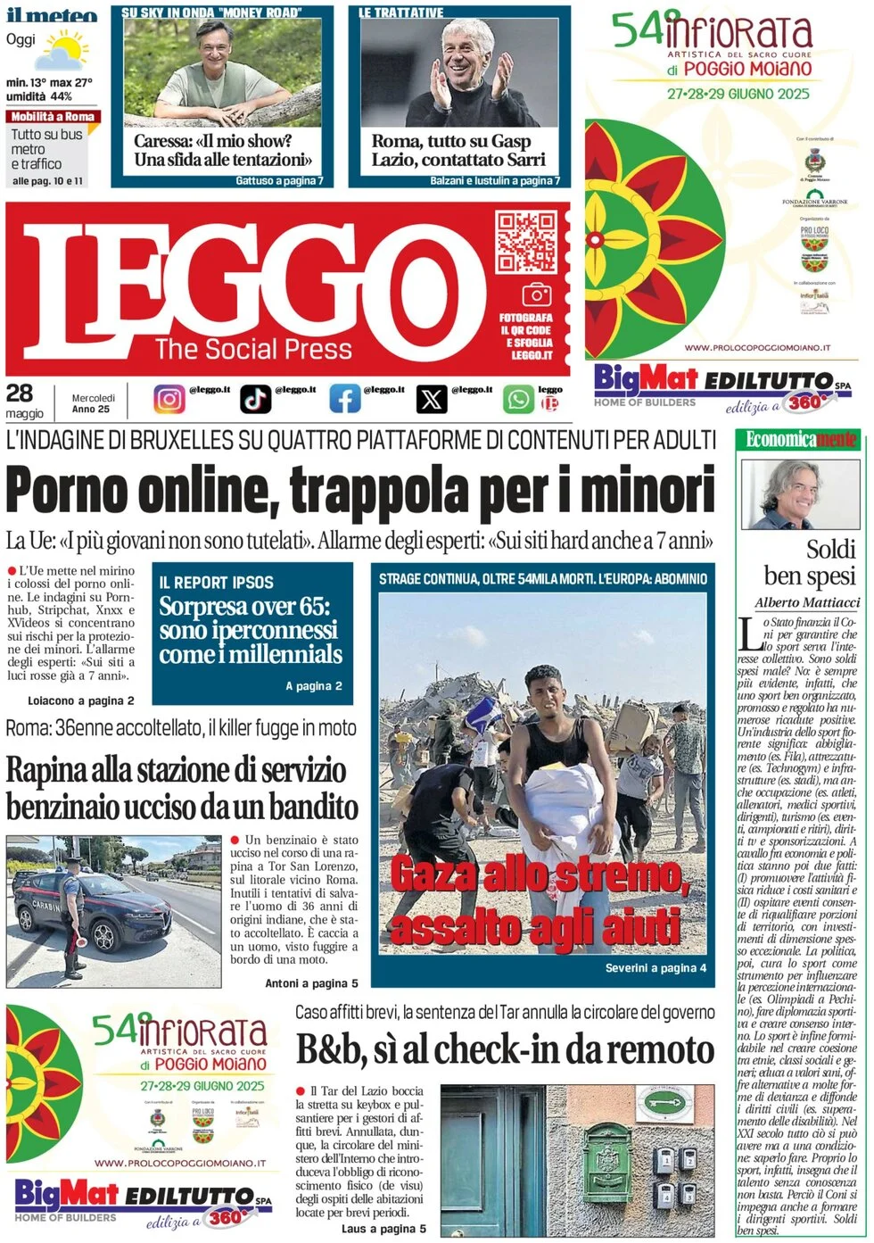 anteprima della prima pagina di leggo-roma del 28/05/2025