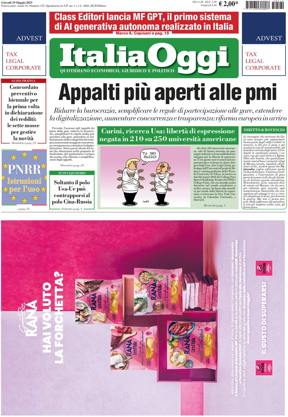 anteprima della prima pagina di italiaoggi del 29/05/2025