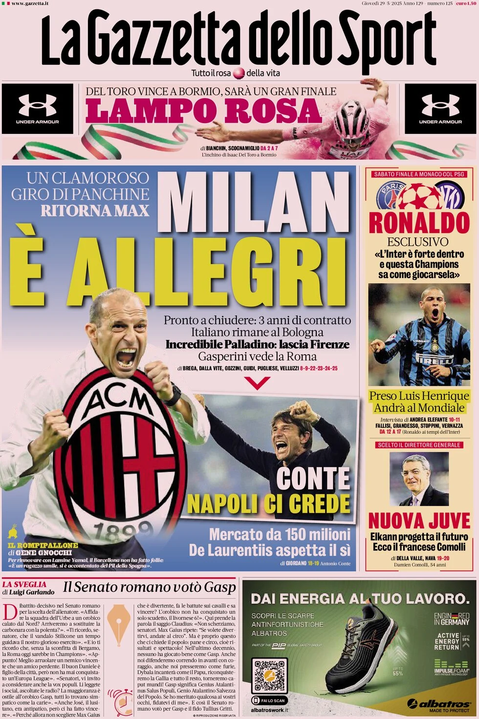 anteprima della prima pagina di la-gazzetta-dello-sport del 29/05/2025