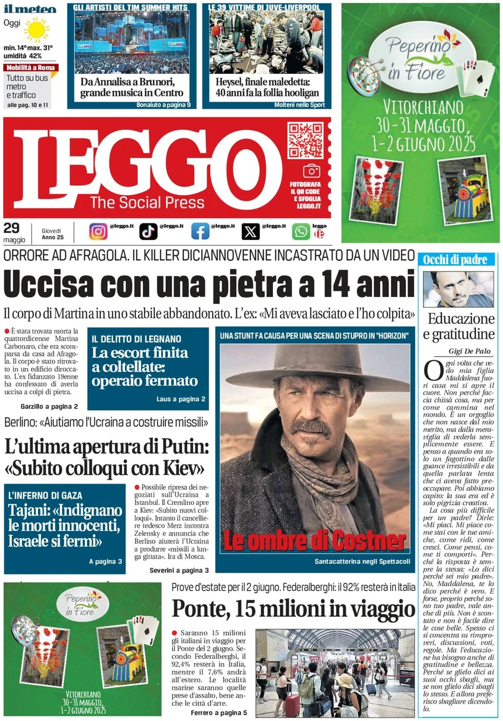 anteprima della prima pagina di leggo-roma del 29/05/2025