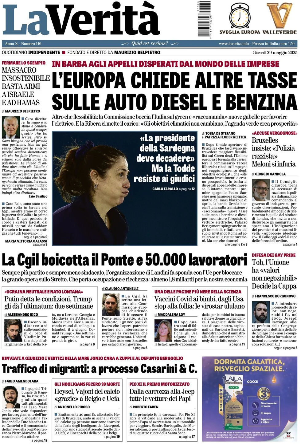 anteprima della prima pagina di la-verit del 29/05/2025