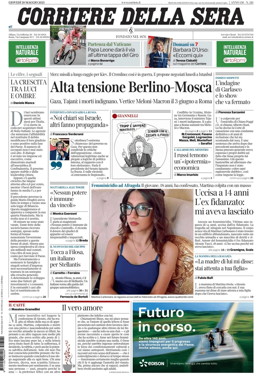 anteprima della prima pagina di corriere-della-sera del 29/05/2025