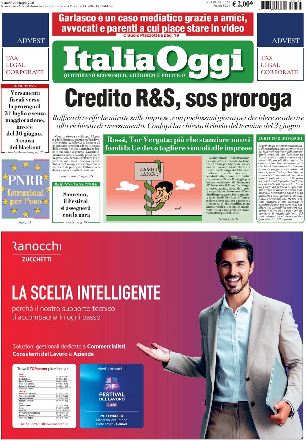 anteprima della prima pagina di italiaoggi del 30/05/2025