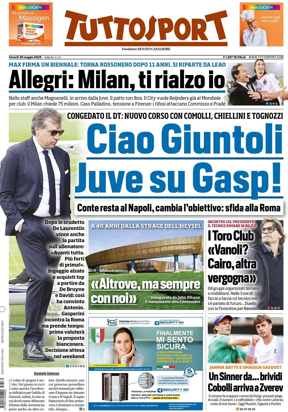 anteprima della prima pagina di tuttosport del 30/05/2025