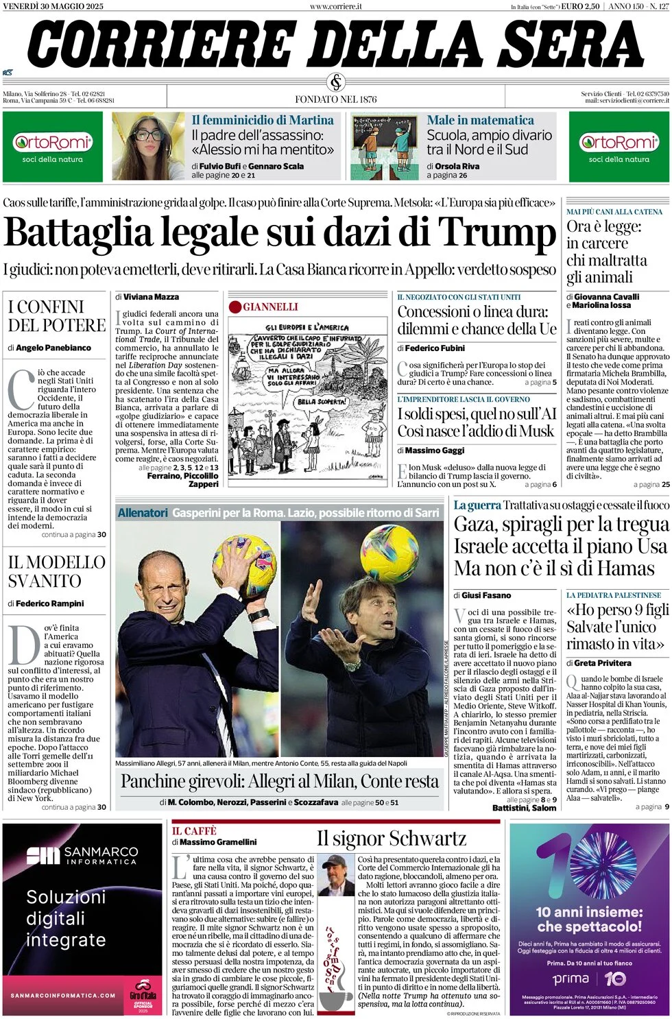 anteprima della prima pagina di corriere-della-sera del 30/05/2025