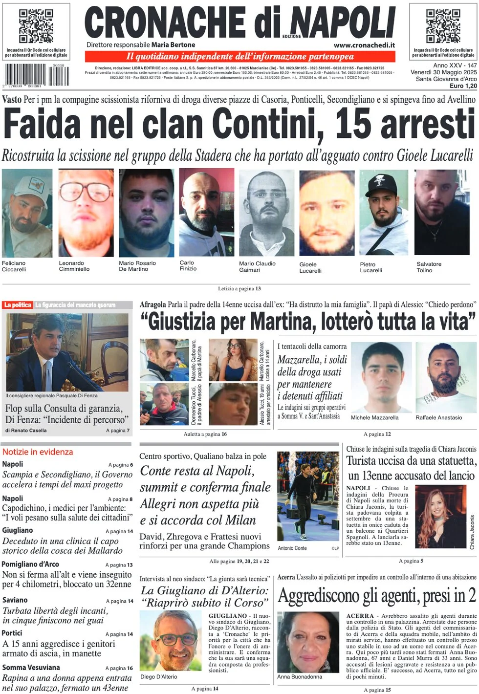 anteprima della prima pagina di cronache-di-napoli del 30/05/2025