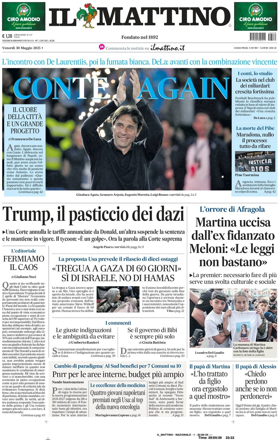 anteprima della prima pagina di il-mattino del 30/05/2025