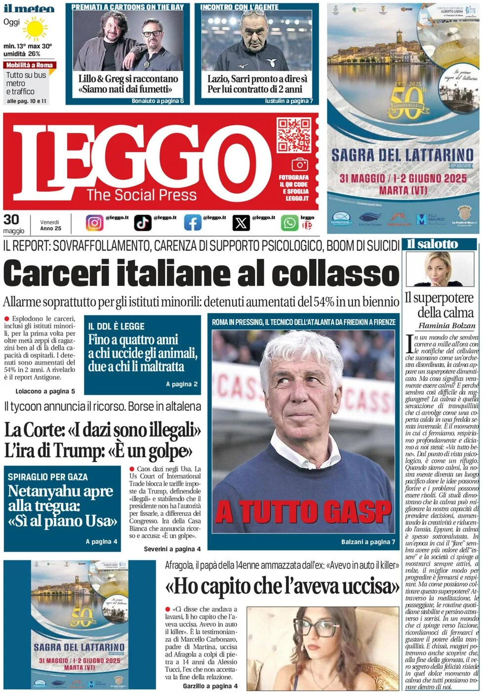 anteprima della prima pagina di leggo-roma del 30/05/2025