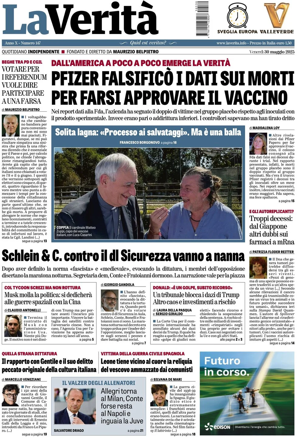 anteprima della prima pagina di la-verit del 30/05/2025