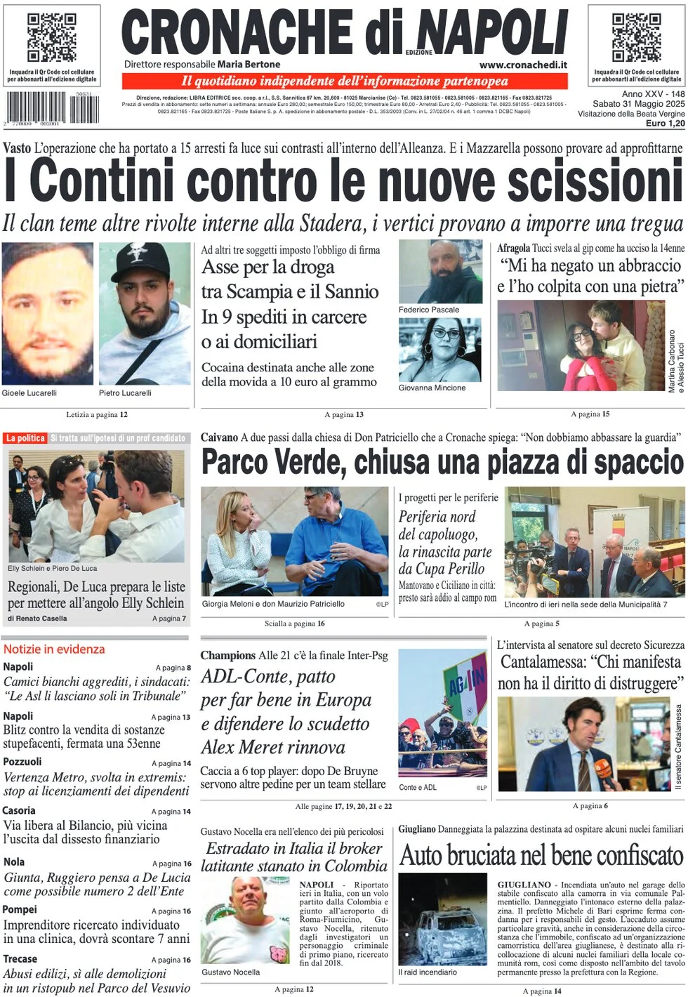 anteprima della prima pagina di cronache-di-napoli del 31/05/2025