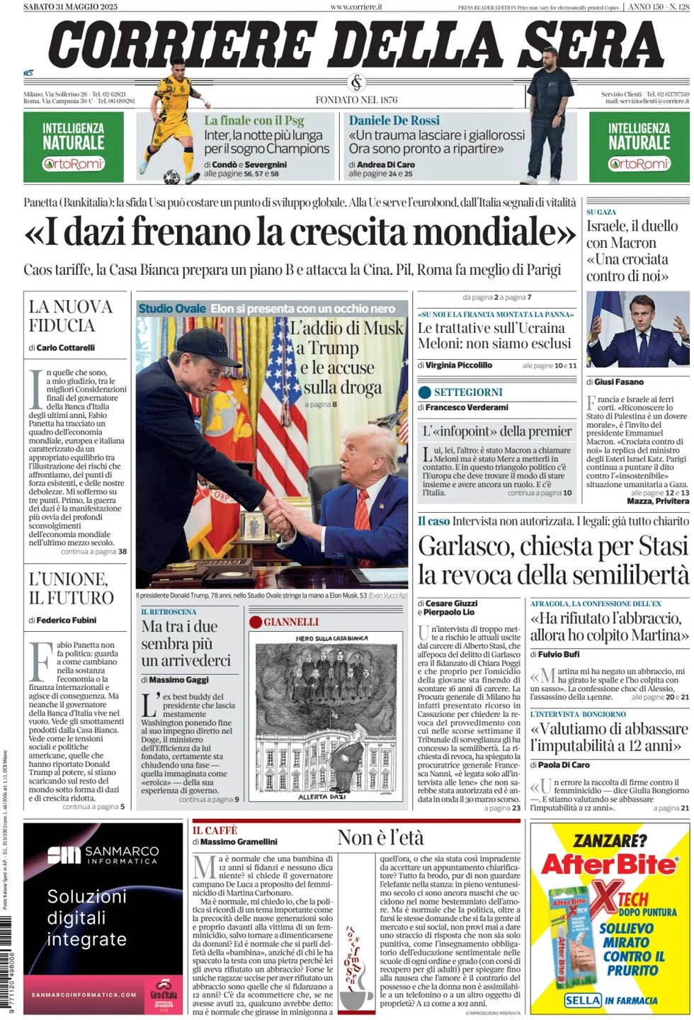anteprima della prima pagina di corriere-della-sera del 31/05/2025