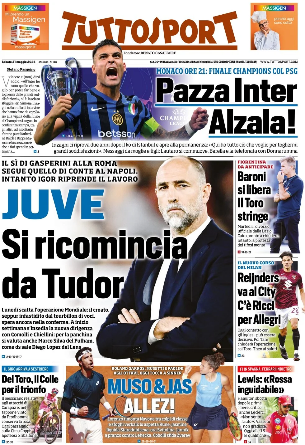 anteprima della prima pagina di tuttosport del 31/05/2025