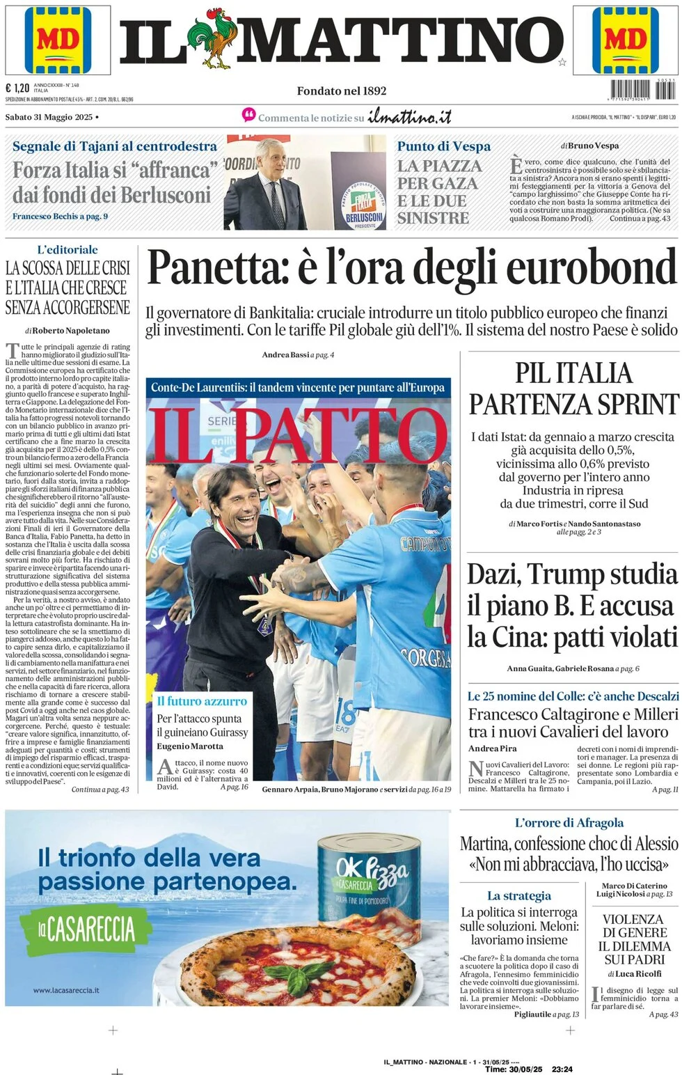 anteprima della prima pagina di il-mattino del 31/05/2025