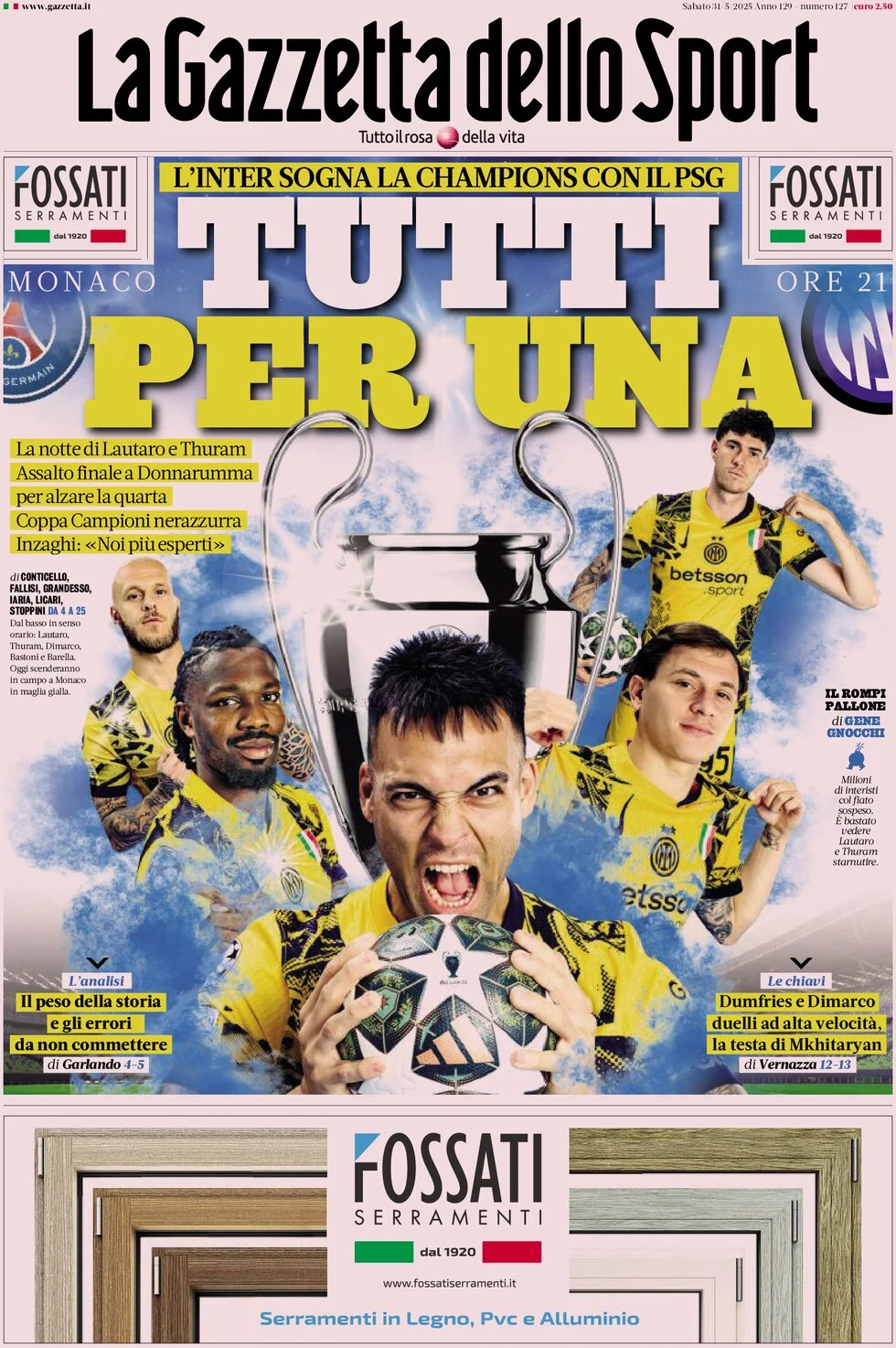 anteprima della prima pagina di la-gazzetta-dello-sport del 31/05/2025
