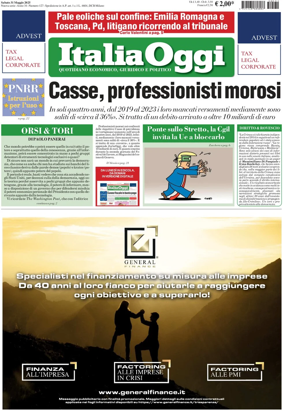 anteprima della prima pagina di italiaoggi del 31/05/2025