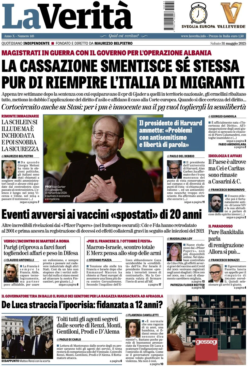 anteprima della prima pagina di la-verit del 31/05/2025