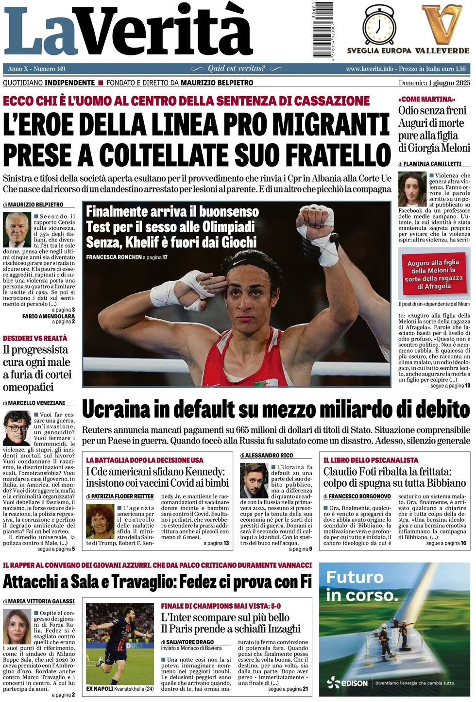 anteprima della prima pagina di la-verit del 01/06/2025
